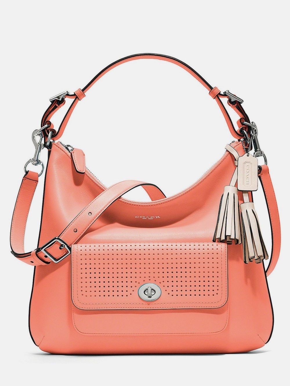 COACH Legacy Perforated Leather Courtenay Hobo 23704 SV/Coral w/Light Sand